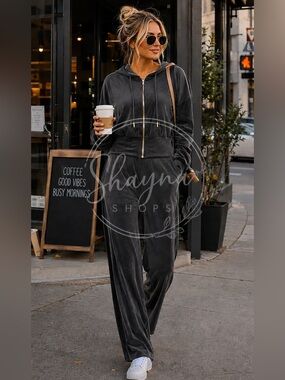 Zenana Black Velvet Zip-Front Hoodie & Wide Leg Pants 2 Piece Set